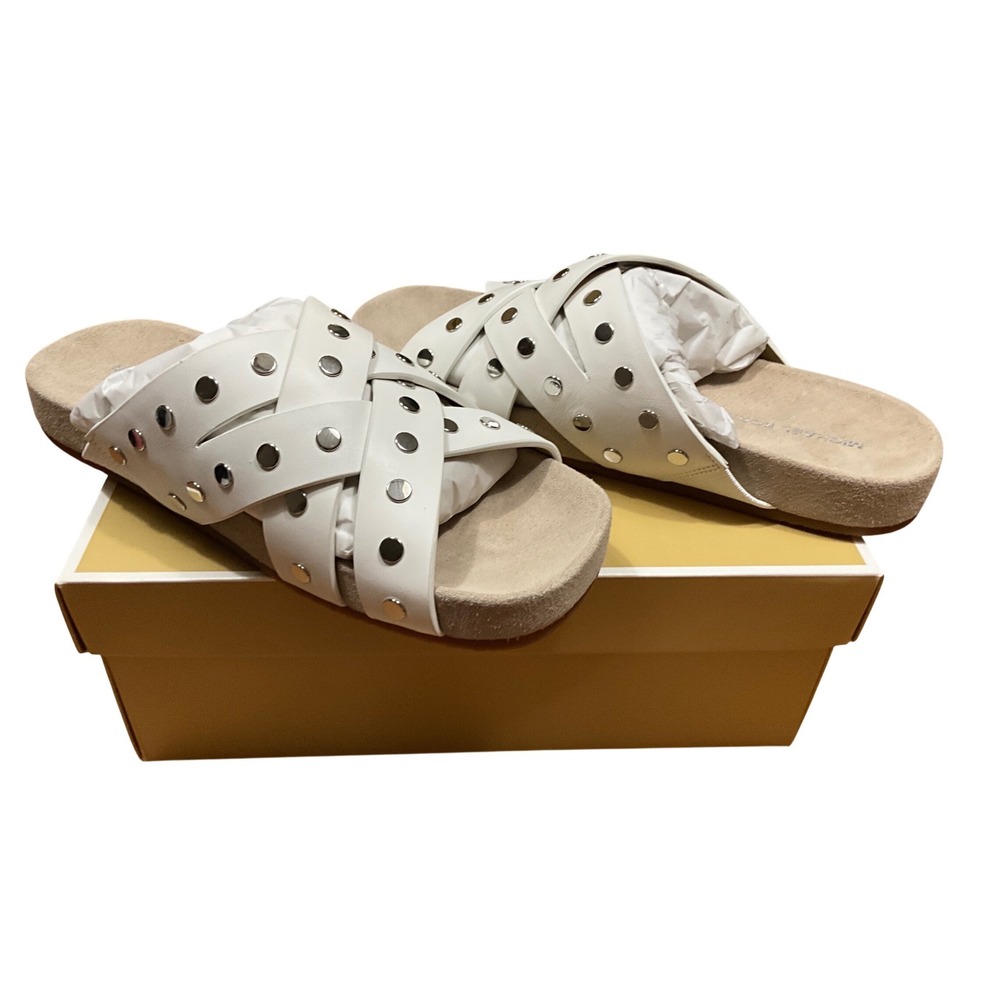 Michael Kors White Leather Studded Crisscross Slide‎ Sandals SG24L Womens 8.5M